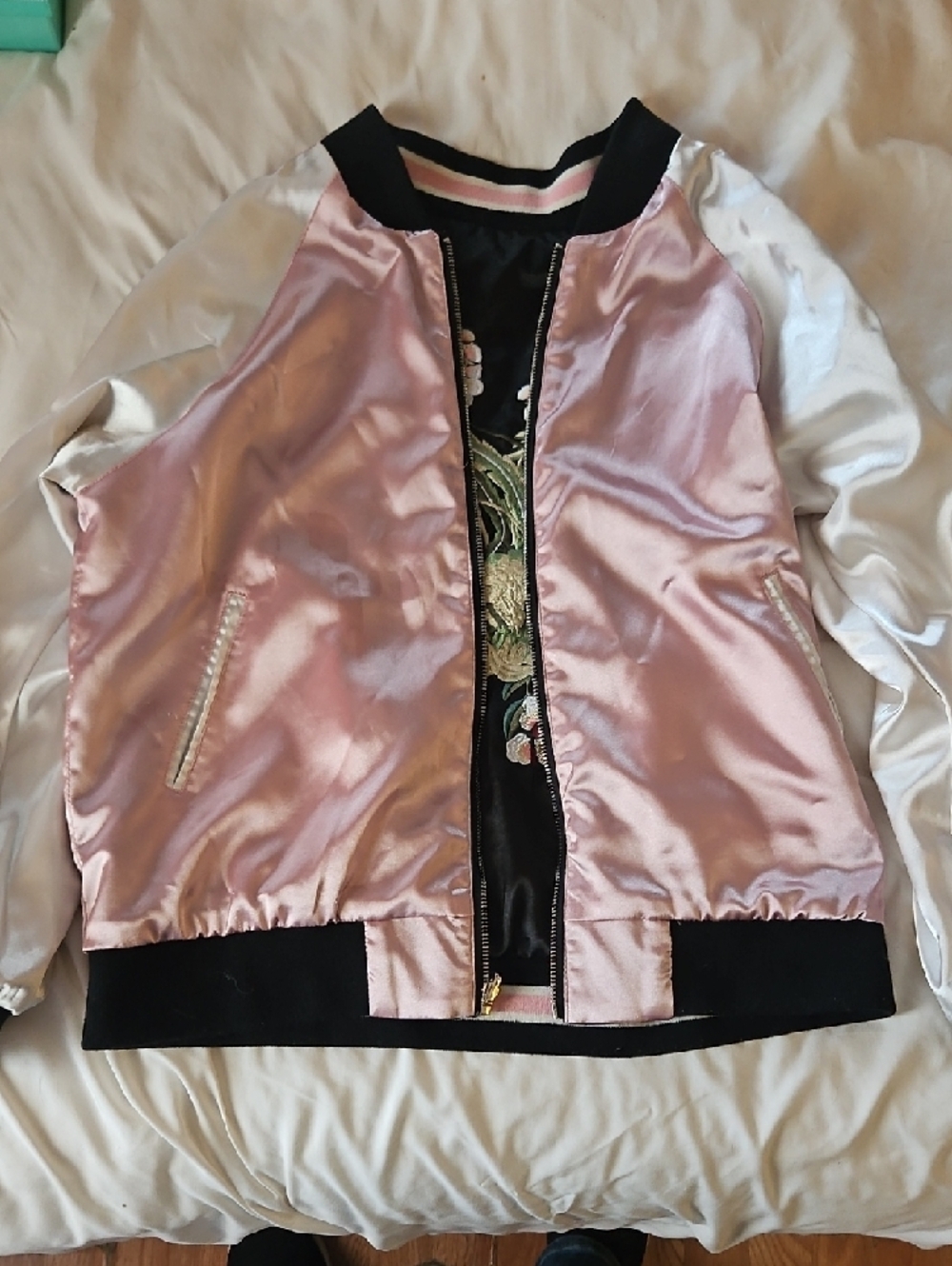 Floral Embroidered Black Satin Bomber Jacket with Pink Accents/ Reversable - Picture 8 of 10